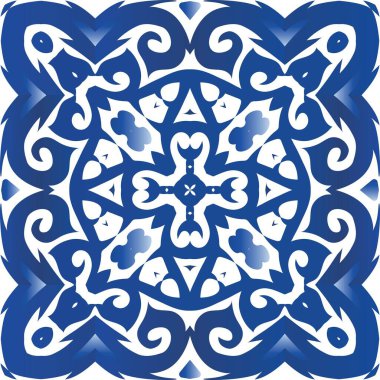 Traditional ornate portuguese azulejo. Vector seamless pattern elements. Stylish design. Blue abstract background for web backdrop, print, pillows, surface texture, wallpaper, towels.