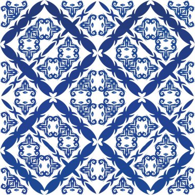 Antique portuguese azulejo ceramic. Kitchen design. Vector seamless pattern watercolor. Blue floral and abstract decor for scrapbooking, smartphone cases, T-shirts, bags or linens.