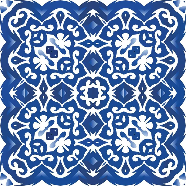 Portuguese Ornamental Azulejo Ceramic Original Design Vector Seamless Pattern Watercolor — Stock Vector
