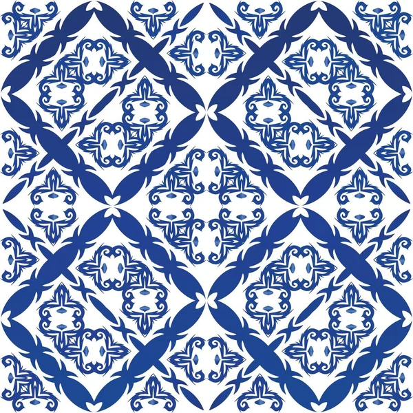 Antique portuguese azulejo ceramic. Kitchen design. Vector seamless pattern watercolor. Blue floral and abstract decor for scrapbooking, smartphone cases, T-shirts, bags or linens.