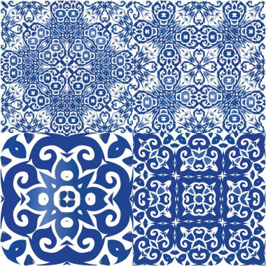 Portekiz yapımı Azulejo fayansları. Renkli tasarım. Bir dizi vektörsüz şablon. Yastıklar, baskılar, duvar kağıtları, ağ arkaplanı, havlular, yüzey dokusu için mavi antika arkaplan.