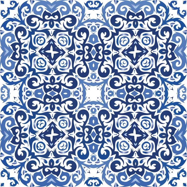 Ornamentale Azulejo Portugal Fliesen Dekor Badezimmerdesign Vektornahtloser Musterrahmen Blauer Blumen — Stockvektor