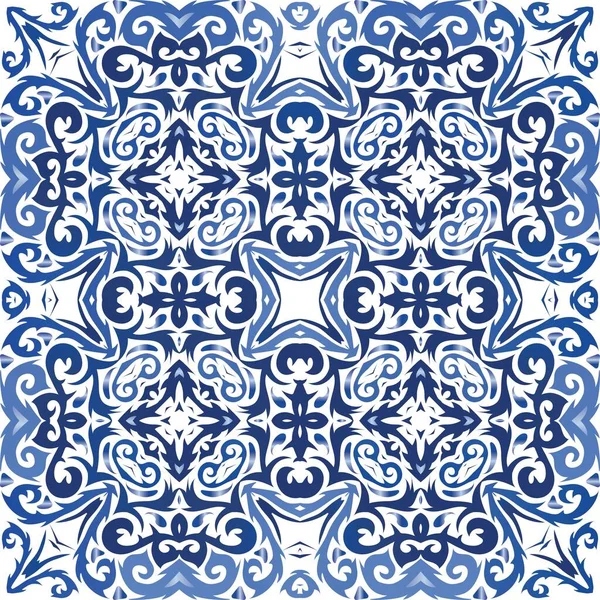 Ethnische Keramikfliese Portugiesischer Azulejo Minimales Design Vektornahtloser Musterrahmen Blaues Vintage — Stockvektor
