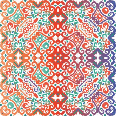 Dekoratif renk talavera fayansları. Vektörsüz model kavramı. Renkli tasarım. Baskı, web arkaplanı, yüzey dokusu, havlu, yastık, duvar kağıdı için kırmızı halk etnik süsü.