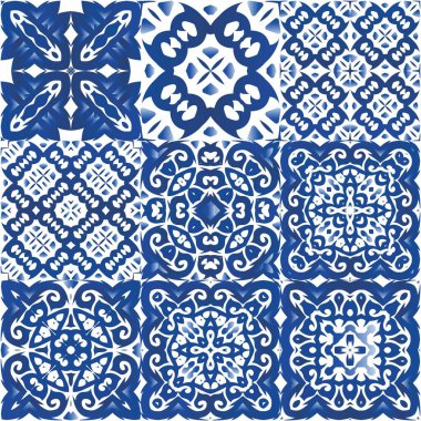 Portekiz azulejo 'sunda etnik seramik fayans. Moda tasarımı. Vektör pürüzsüz desen teması. Yüzey dokusu, havlu, yastık, duvar kağıdı, baskı, web arkaplanı için klasik süs.