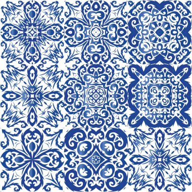 Portekiz azulejo 'sunda etnik seramik fayans. Grafik tasarımı. Vektörsüz suluboya desenli. Yüzey dokusu, havlu, yastık, duvar kağıdı, baskı, web arkaplanı için klasik süs.