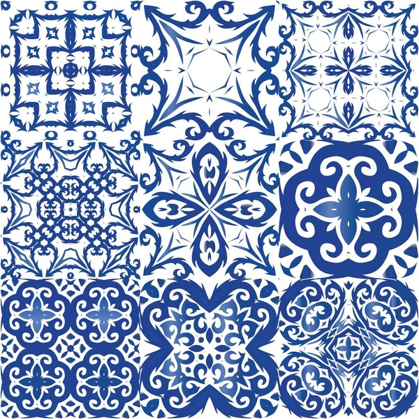 Portugisiska Vintage Azulejo Kakel Minimal Design Vektor Sömlöst Mönsterkollage Antik — Stock vektor