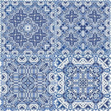 Geleneksel Portekiz azulejosu. Vektör pürüzsüz desen teması. Banyo tasarımı. Ağ arkaplanı, baskı, yastıklar, yüzey dokusu, duvar kağıdı, havlular için soyut arkaplan.