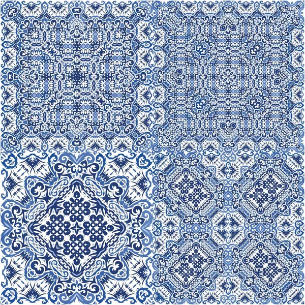 Portuguese Vintage Azulejo Tiles Universal Design Vector Seamless Pattern Frame — Stock Vector