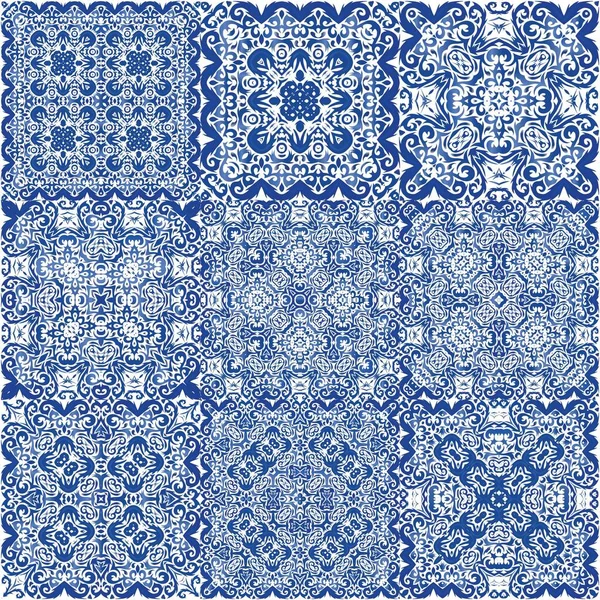 Ethnic Ceramic Tile Portuguese Azulejo Vector Seamless Pattern Elements Original — Stock Vector