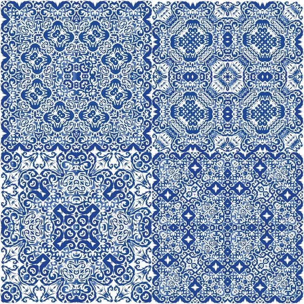 Ornamental Azulejo Portugal Tiles Decor Vector Seamless Pattern Frame Bathroom — Stock Vector