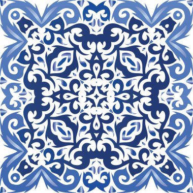 Süslü Azulejo Portekiz fayansları. Vektörsüz şablon. Orijinal tasarım Çarşaflar, akıllı telefon kılıfları, hatıra defterleri, çantalar ya da tişörtler için mavi muhteşem çiçek desenleri..