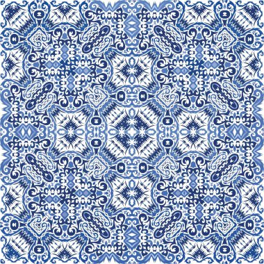 Seramik fayanslar azulejo portugal. Vektörsüz desenli poster. Moda tasarımı. Tişört, hatıra defteri, çarşaf, akıllı telefon çantası veya çantalar için mavi etnik geçmiş.