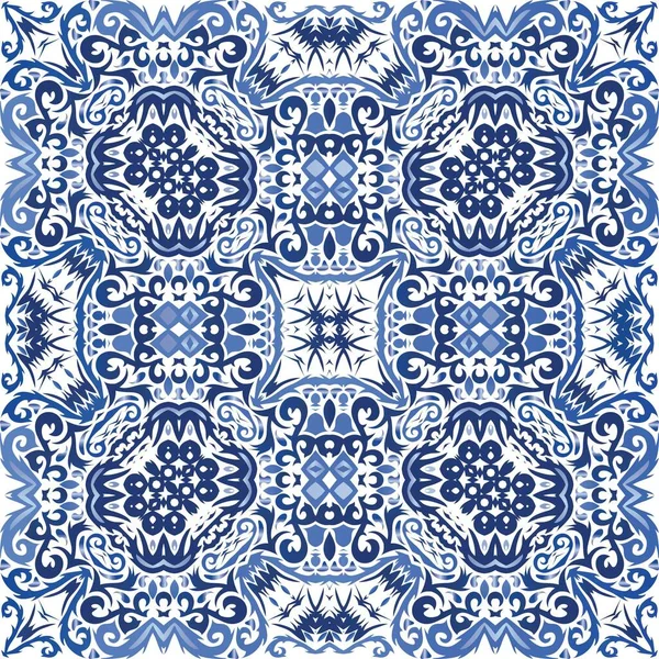 Antike Azulejo Fliesen Patchwork Geometrisches Design Vektornahtloser Musterrahmen Blaues Spanien — Stockvektor