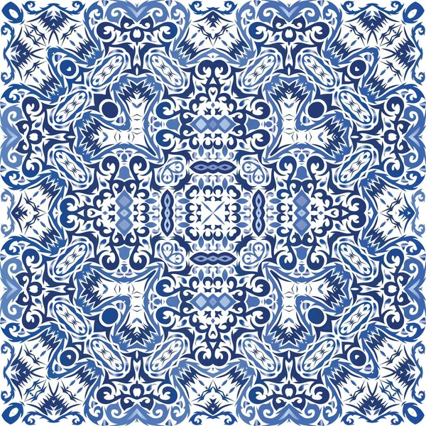 セラミックタイル Azulejoポータルサイト ミニマルデザイン ベクトルシームレスパターンコラージュ Tシャツ スクラップブッキング リネン スマートフォンケースやバッグのための青民族の背景 — ストックベクタ