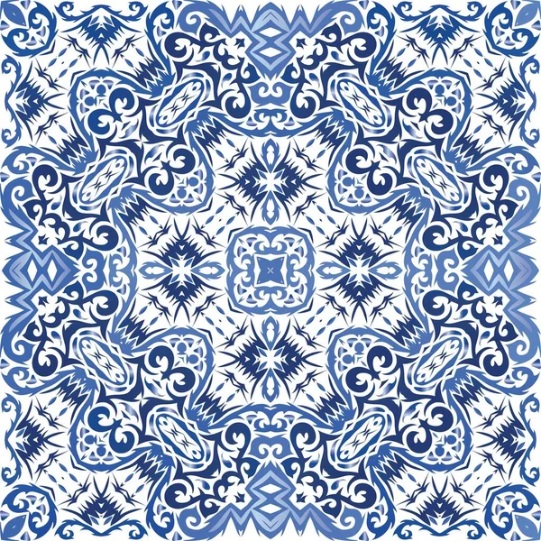 Süslü Azulejo Portekiz fayansları. Vektörsüz model kavramı. Modern tasarım. Çarşaflar, akıllı telefon kılıfları, hatıra defterleri, çantalar ya da tişörtler için mavi muhteşem çiçek desenleri..