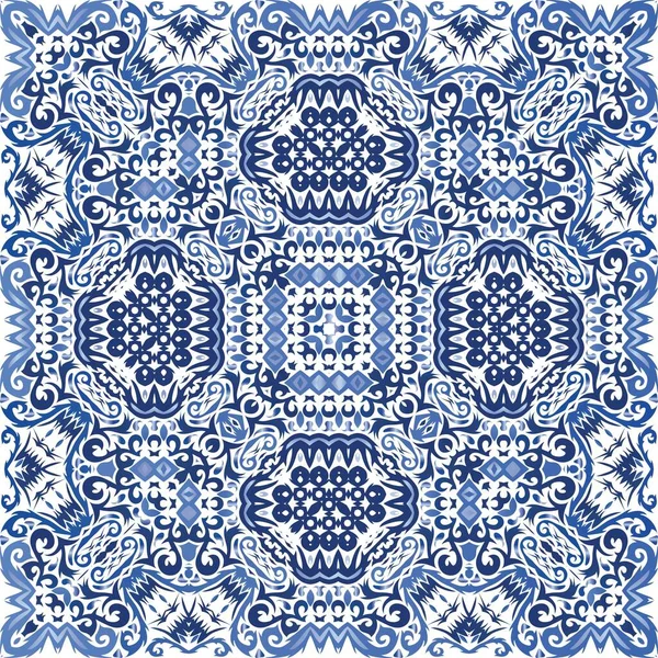 Portugisiska Vintage Azulejo Kakel Snygg Design Sömlös Mönsteraffisch Blå Antik — Stock vektor