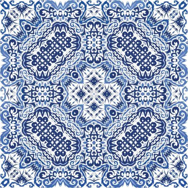 Seramik fayanslar azulejo portugal. Vektörsüz desenli el ilanı. Minimum tasarım. Tişört, hatıra defteri, çarşaf, akıllı telefon çantası veya çantalar için mavi etnik geçmiş.