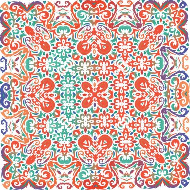 Meksika yapımı talavera fayansları. Renkli tasarım. Vektör kusursuz desen çizimi. Yastıklar, baskılar, duvar kağıtları, ağ arkaplanı, havlular, yüzey dokusu için kırmızı antika arkaplan.