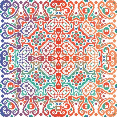 Meksika Talavera 'sında etnik seramik fayans. Vektörsüz suluboya desenli. Grafik tasarımı. Yüzey dokusu, havlu, yastık, duvar kağıdı, baskı, web arkaplanı için kırmızı vintage süsleme.