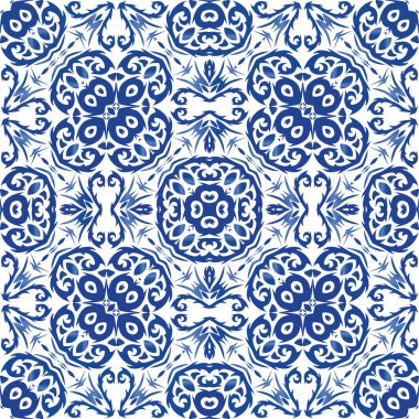 Antika Portekiz azulejo seramiği. Grafik tasarımı. Vektörsüz şablon. Koleksiyon defteri, akıllı telefon kılıfları, tişörtler, çantalar ve çarşaflar için mavi ve soyut bir dekor.