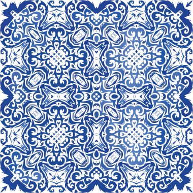 Dekoratif renk seramik azulejo fayansları. Orijinal tasarım Vektörsüz desenli çardak. Mavi halk baskısı, web arkaplanı, yüzey dokusu, havlular, yastıklar, duvar kağıdı.