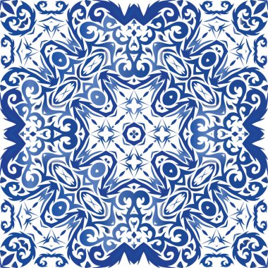 Antika azulejo döşeme yaması. El yapımı tasarım. Vektörsüz şablon çerçevesi. Çantalar, akıllı telefon kılıfları, tişörtler, çarşaflar veya koleksiyon defterleri için mavi İspanya ve Portekiz dekoru.