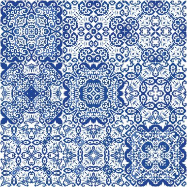 Antika Portekiz azulejo seramiği. Vektörsüz suluboya desenli. Evrensel tasarım. Kupür defteri, akıllı telefon kılıfları, tişörtler, çantalar veya çarşaflar için çiçek ve soyut dekoru.