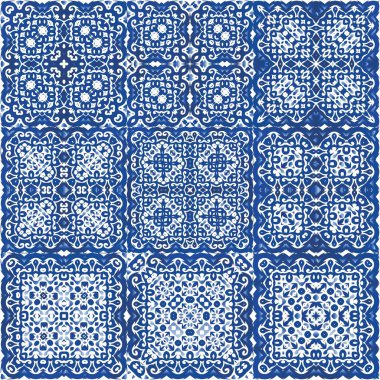 Portekiz yapımı Azulejo fayansları. Geometrik tasarım. Vektörsüz model kavramı. Yastıklar, baskılar, duvar kağıtları, ağ arkaplanı, havlular, yüzey dokusu için antika arkaplan.