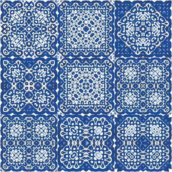 Португальские Винтажные Плитки Azulejo Векторный Бесшовный Рисунок Акварели Минимальный Дизайн — стоковый вектор