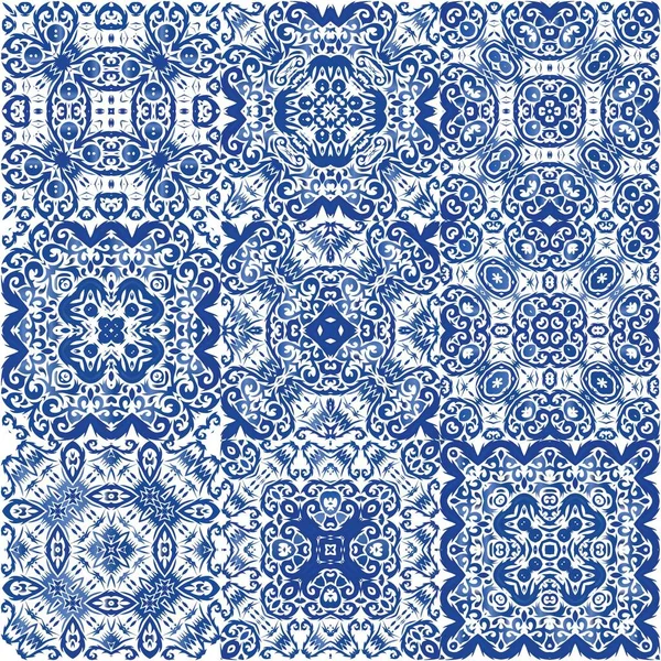 Ethnische Keramikfliese Portugiesischer Azulejo Vektor Nahtlose Muster Collage Küchendesign Vintage — Stockvektor