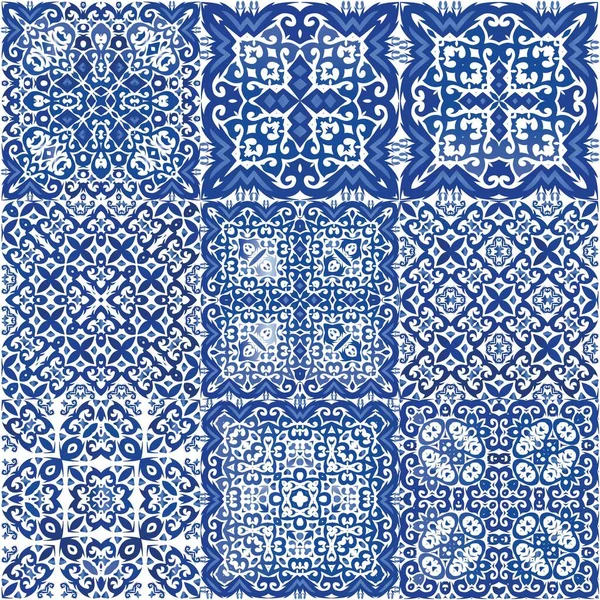 Португальские Винтажные Плитки Azulejo Векторная Бесшовная Рамка Ванная Комната Дизайн — стоковый вектор