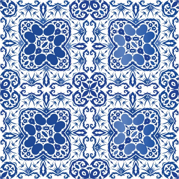 Ethnische Keramikfliese Portugiesischer Azulejo Vektor Nahtlose Mustergitter Küchendesign Blaues Vintage — Stockvektor