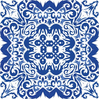 Portekiz yapımı Azulejo fayansları. Vektörsüz desenli el ilanı. Modern tasarım. Yastıklar, baskılar, duvar kağıtları, ağ arkaplanı, havlular, yüzey dokusu için mavi antika arkaplan.