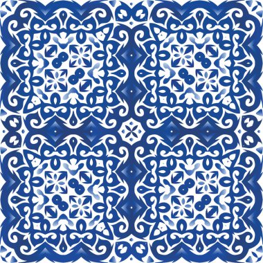 Antika Portekiz azulejo seramiği. El yapımı tasarım. Kusursuz bir arabesk deseni. Koleksiyon defteri, akıllı telefon kılıfları, tişörtler, çantalar ve çarşaflar için mavi ve soyut bir dekor.