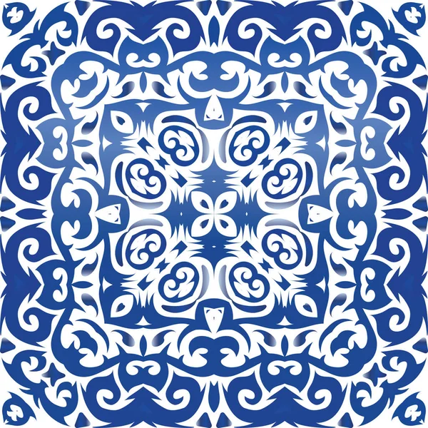 Керамическая Плитка Azulejo Португальский Модный Дизайн Векторная Бесшовная Рамка Синий — стоковый вектор