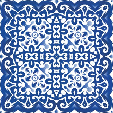 Portekizce süslemeli azulejo seramik. Mutfak tasarımı. Vektörsüz desenli el ilanı. Duvar kağıdı, web arkaplanı, havlular, baskı, yüzey dokusu, yastıklar için mavi vintage arkaplan.