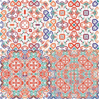 Antik süslü fayanslar Talavera Mexico. Vektörsüz desenlerin toplanması. Mutfak tasarımı. Tişört, hatıra defteri, çarşaf, akıllı telefon çantaları veya çantalar için kırmızı etnik altyapı.