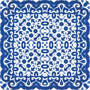 Süslü Azulejo Portekiz fayansları. Vektörsüz desenli poster. Banyo tasarımı. Çarşaflar, akıllı telefon kılıfları, hatıra defterleri, çantalar ya da tişörtler için mavi muhteşem çiçek desenleri..