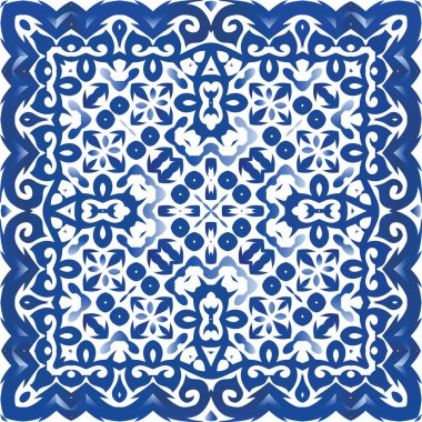 Dekoratif renk seramik azulejo fayansları. El yapımı tasarım. Vektörsüz şablon çerçevesi. Mavi halk baskısı, web arkaplanı, yüzey dokusu, havlular, yastıklar, duvar kağıdı.