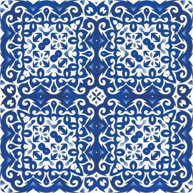 Portekiz yapımı Azulejo fayansları. Banyo tasarımı. Vektör pürüzsüz desen teması. Yastıklar, baskılar, duvar kağıtları, ağ arkaplanı, havlular, yüzey dokusu için mavi antika arkaplan.