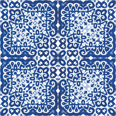 Seramik fayanslar azulejo portugal. Şık tasarım. Vektörsüz şablon. Tişört, hatıra defteri, çarşaf, akıllı telefon çantası veya çantalar için mavi etnik geçmiş.