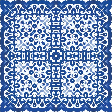 Antika Portekiz azulejo seramiği. Vektörsüz suluboya desenli. Geometrik tasarım. Koleksiyon defteri, akıllı telefon kılıfları, tişörtler, çantalar ve çarşaflar için mavi ve soyut bir dekor.