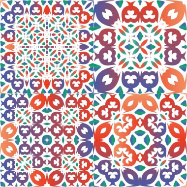 Meksika Talavera 'daki etnik seramik fayanslar. Banyo tasarımı. Bir dizi vektörsüz şablon. Yüzey dokusu, havlu, yastık, duvar kağıdı, baskı, web arkaplanı için kırmızı vintage süslemeler.