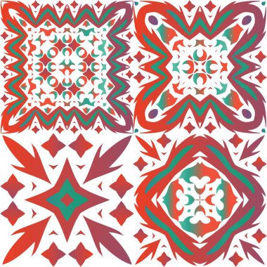Meksika yapımı talavera fayansları. Vektör aralıksız desenler. Renkli tasarım. Yastıklar, baskılar, duvar kağıtları, ağ arkaplanı, havlular, yüzey dokusu için kırmızı antika arkaplanlar.