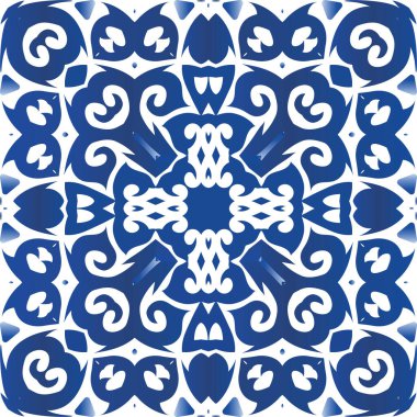 Portekiz yapımı Azulejo fayansları. Vektör pürüzsüz desen teması. Şık tasarım. Yastıklar, baskılar, duvar kağıtları, ağ arkaplanı, havlular, yüzey dokusu için mavi antika arkaplan.
