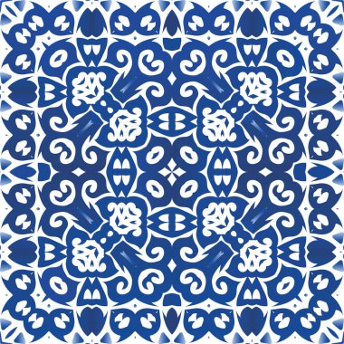 Antika Portekiz azulejo seramiği. Vektör desensiz kolaj. Orijinal tasarım Koleksiyon defteri, akıllı telefon kılıfları, tişörtler, çantalar ve çarşaflar için mavi ve soyut bir dekor.