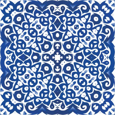 Portekiz azulejo 'sunda etnik seramik fayans. Vektör desensiz kolaj. Geometrik tasarım. Yüzey dokusu, havlu, yastık, duvar kağıdı, baskı, web arkaplanı için mavi vintage süs.