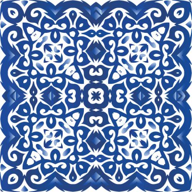 Antika Portekiz azulejo seramiği. Kusursuz bir arabesk deseni. Geometrik tasarım. Koleksiyon defteri, akıllı telefon kılıfları, tişörtler, çantalar ve çarşaflar için mavi ve soyut bir dekor.