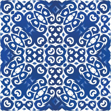 Antika Portekiz azulejo seramiği. Banyo tasarımı. Kusursuz bir arabesk deseni. Koleksiyon defteri, akıllı telefon kılıfları, tişörtler, çantalar ve çarşaflar için mavi ve soyut bir dekor.